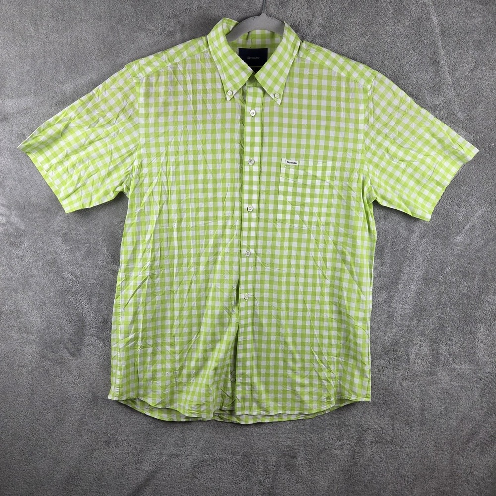Façonnable Shirt‎ Mens Large Green Check Short Sleeve Button Front Club